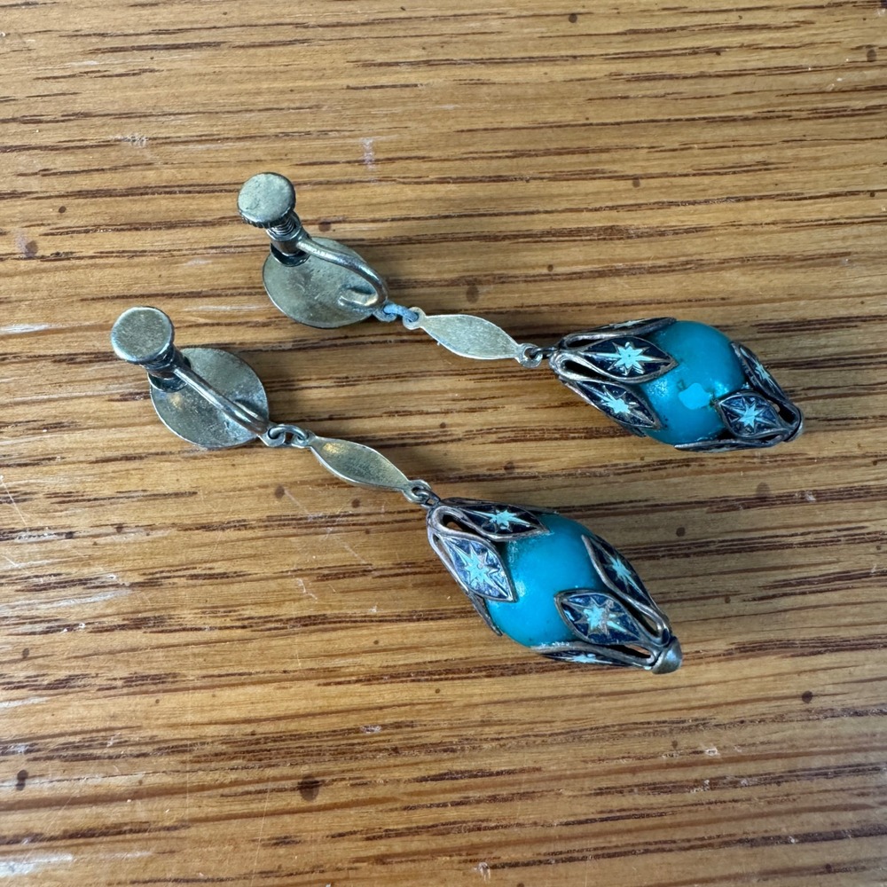 Vintage Turquoise Sterling Starburst Screw Back Earrings Art Deco Style - Picture 7 of 10